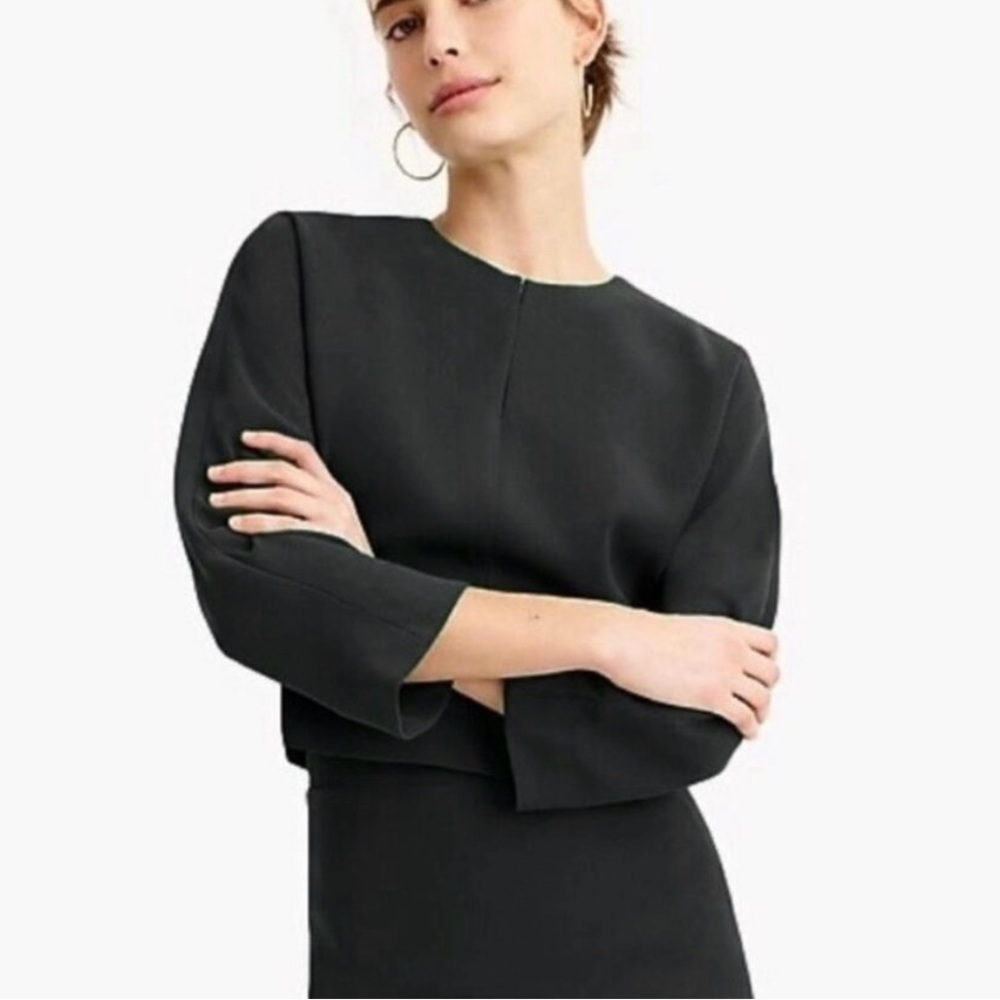 J.Crew 365 Black Crepe Cropped Long Sleeve Split Neck Top Size 4 Career Boxy